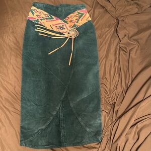 Vintage Phoenix USA Forest Green Suede Boho Midi Skirt with  Print Belt Attached